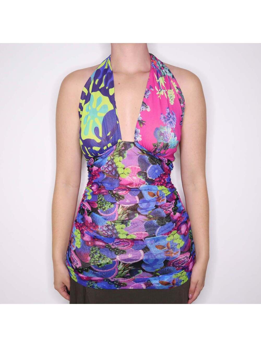 Y2K FUZZI Colourful Fruit Mesh Halter Top (L/XL)